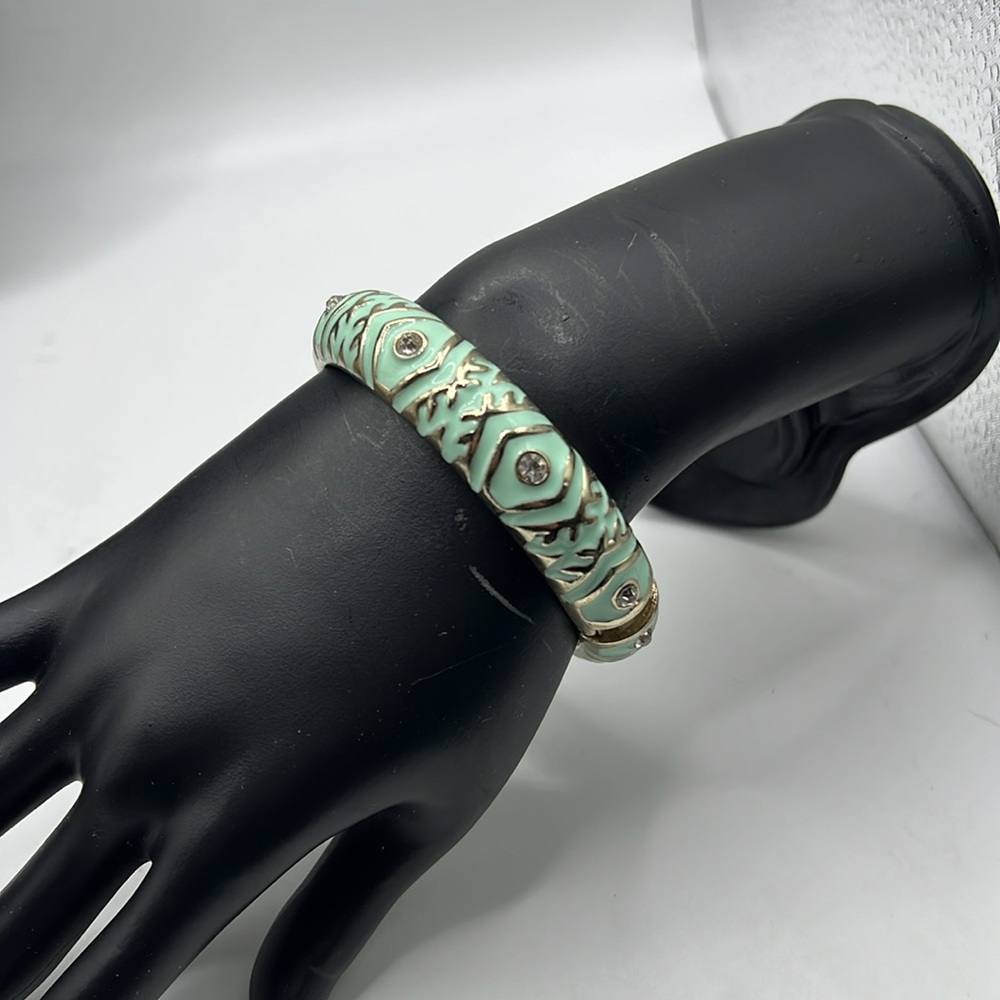 Vintage Sequin Elegant Silver Blue Green Bangle Hinged Bracelet Jewelry